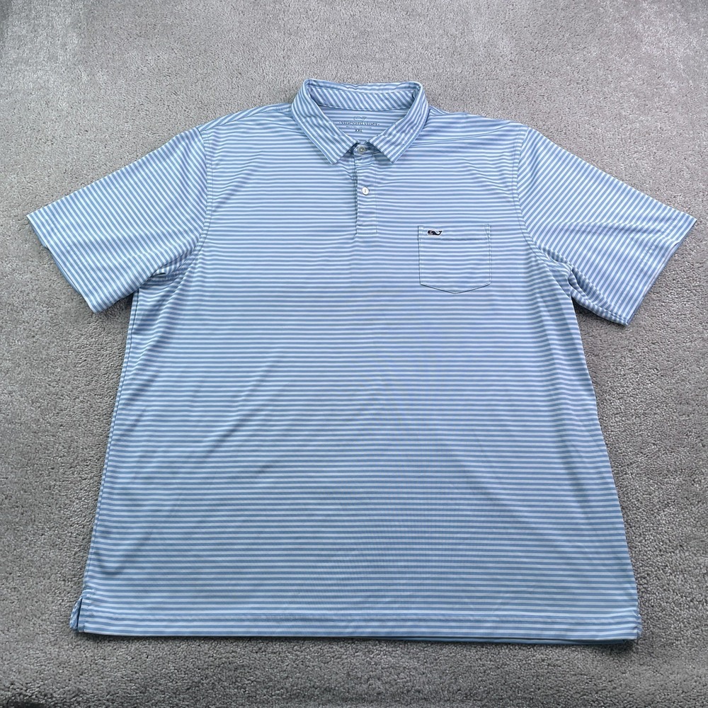 Vineyard Vines Polo Shirt Mens XXL Blue Striped Performance Pocket Preppy‎ Golf
